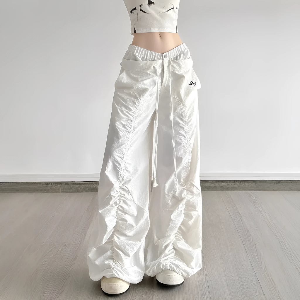 White high waist multi-pocket trousers with ruffle drawstring and lace letter embroidery for women