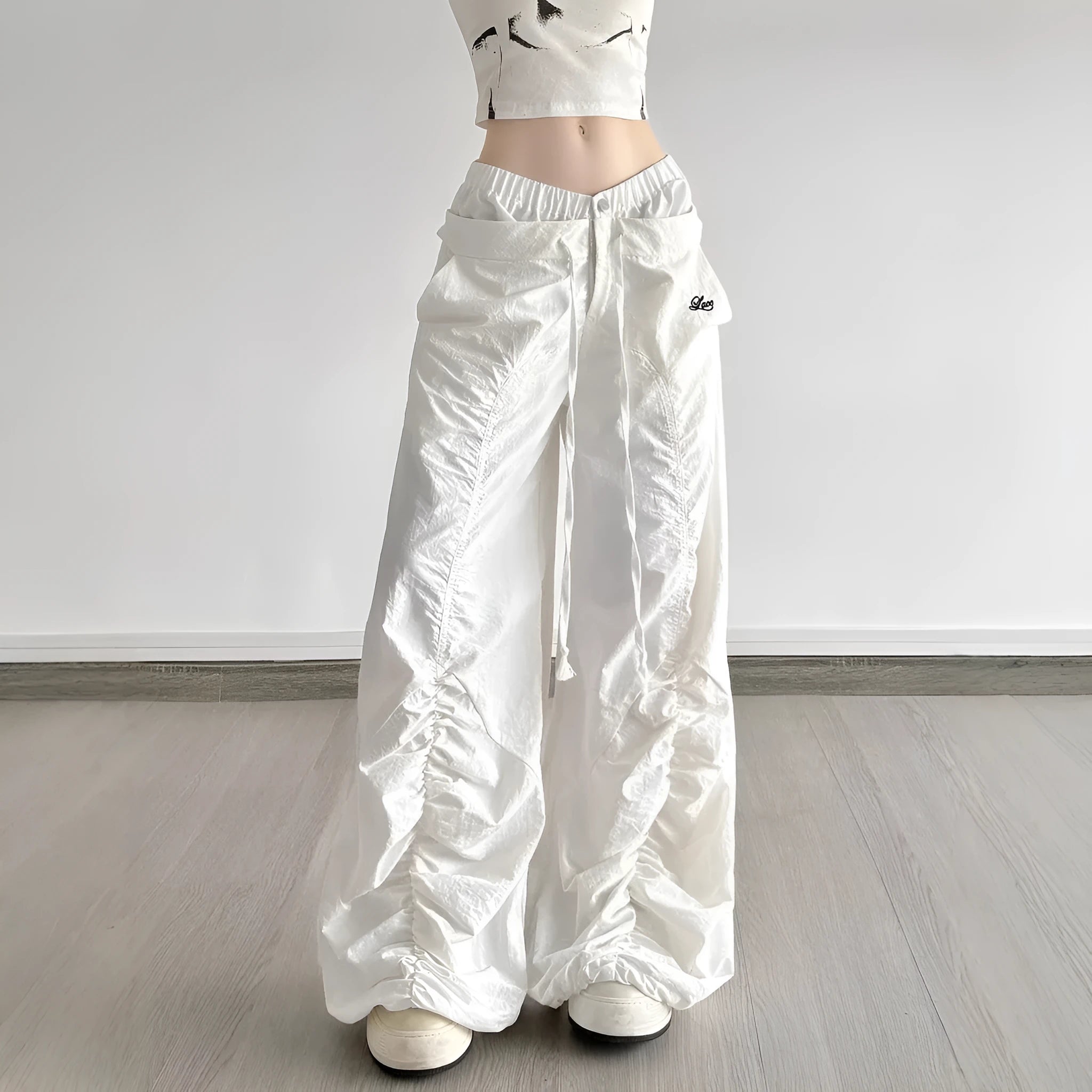 White high waist multi-pocket trousers with ruffle drawstring and lace letter embroidery for women