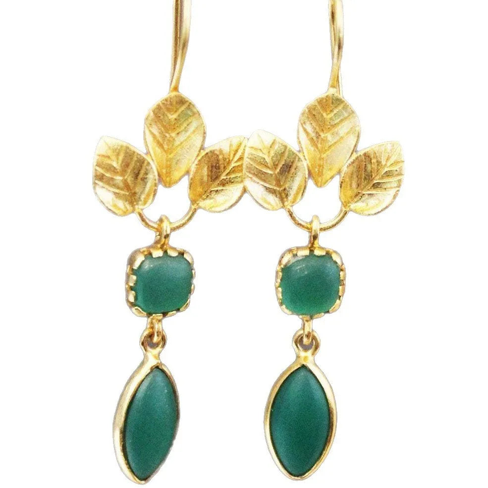 Gold retro women's drop earrings with French leaves and water drop zircon pendants on a copper base.