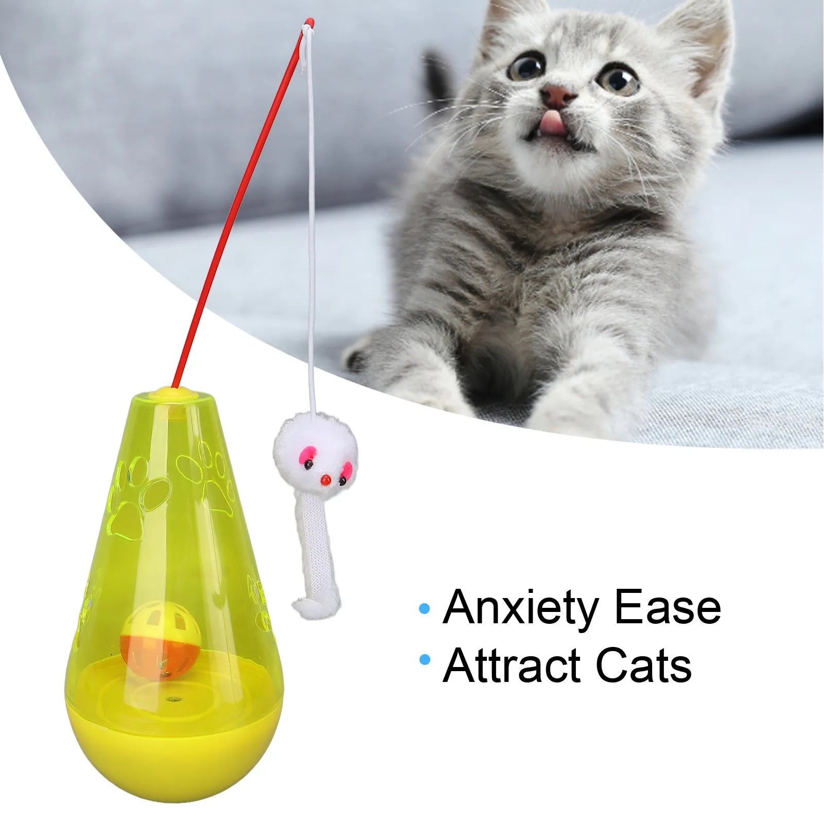 Blue and yellow cat toy with bell ball and treat dispenser plus plush mouse wand on white background