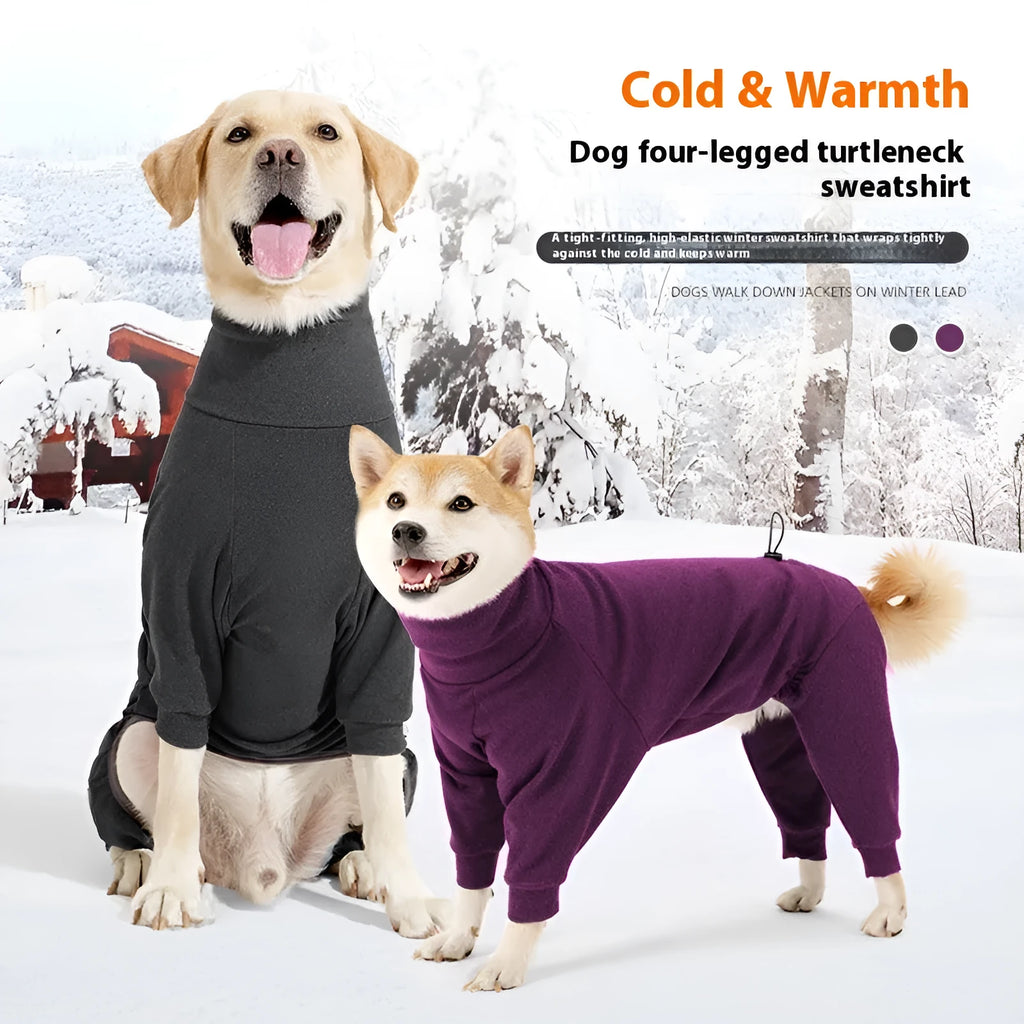Polar fleece dog clothes with high collar in dark grey colour, showing four-legged design