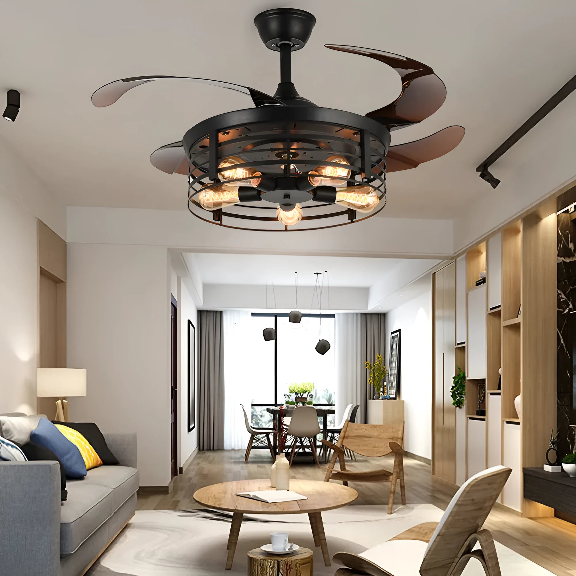 American retro style ceiling fan lamp with remote control on a white background, showing acrylic shade and concealed blades.