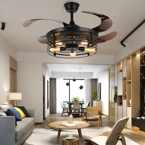 American retro style ceiling fan lamp with remote control on a white background, showing acrylic shade and concealed blades.