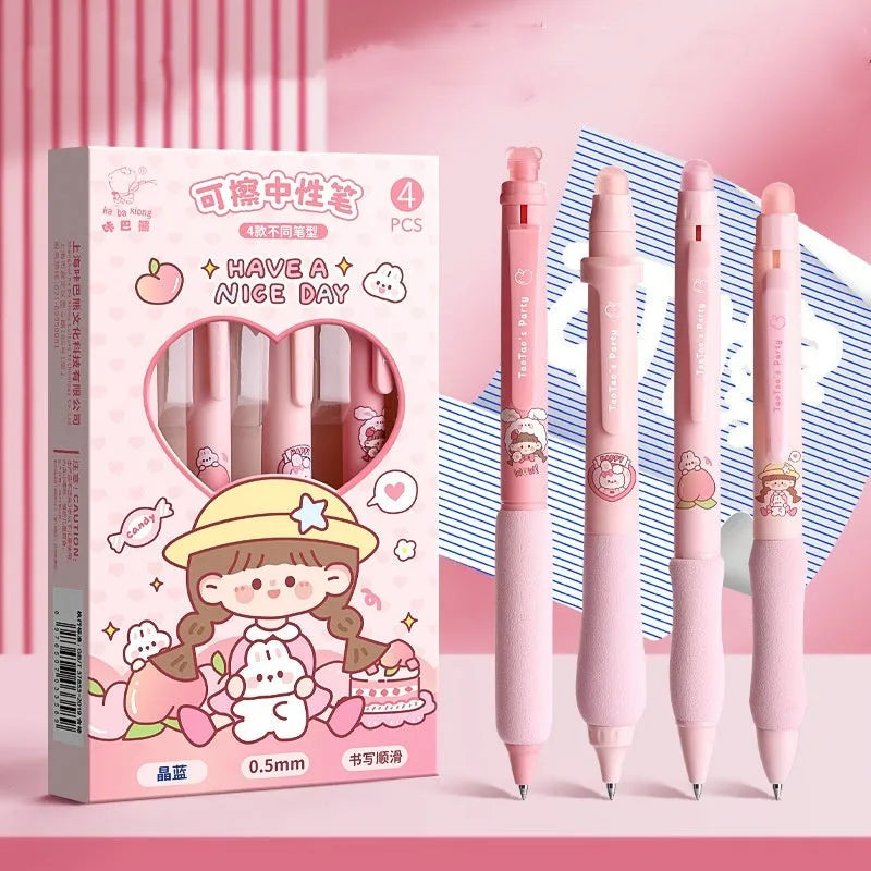Erasable cartoon press gel pen with 0.5mm tip showing Aerospace and Panda design options.