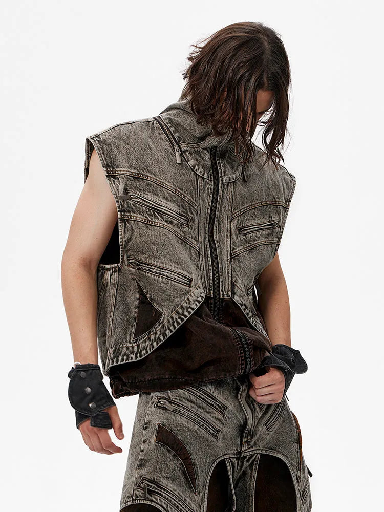 Men's sleeveless denim vest jacket with front zipper closure in cotton fabric