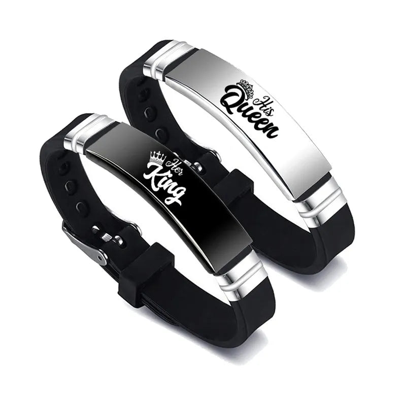 Black and silver his and hers couple bracelet set with stainless steel crown and letter charm on silicone strap