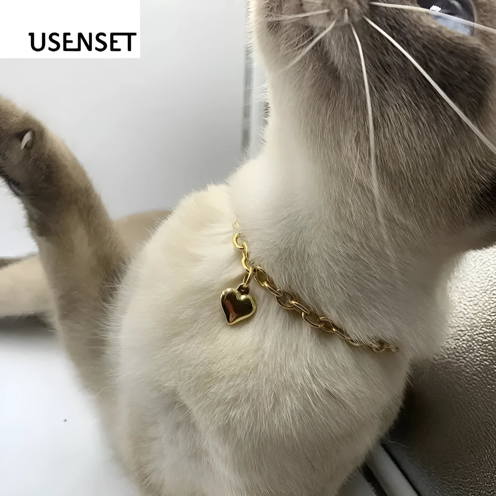 Stainless steel pet necklace with heart pendant showing cat and dog motifs on gold and silver curb chains