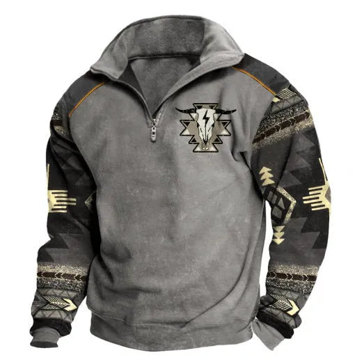 Men's digital print stand collar zip-up hoodie in loose fit, front view, no hood, long sleeves