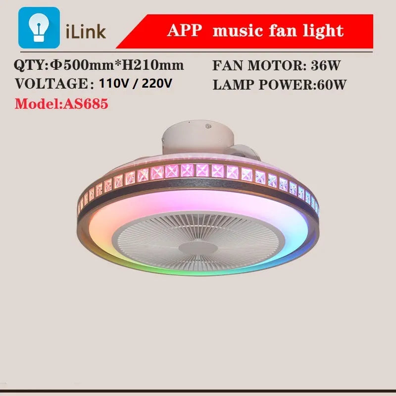 50cm white PC ceiling fan lamp with LED light and Bluetooth music control for bedroom