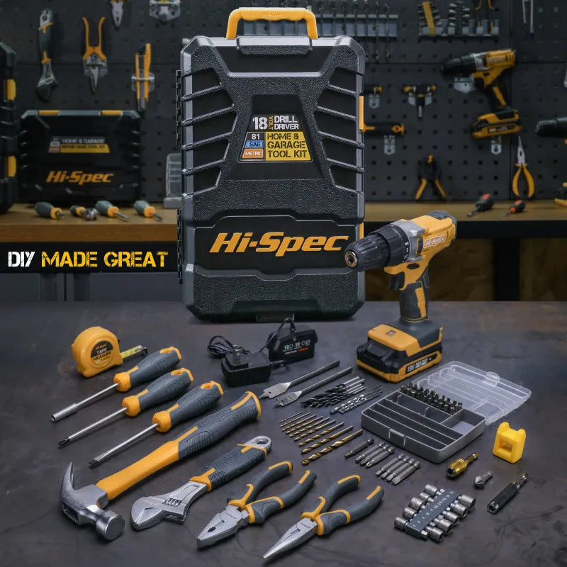 Grey yellow case open to reveal an 82-piece chrome-vanadium steel tool kit for furniture installation.