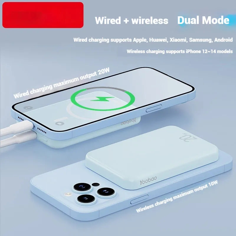 Portable magnetic wireless power bank charger with 10000mAh capacity in blue colour