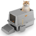 Grey enclosed cat litter box with stainless steel frame and pedal-operated lid