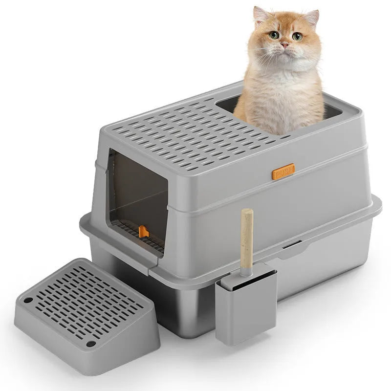 Grey enclosed cat litter box with stainless steel frame and pedal-operated lid