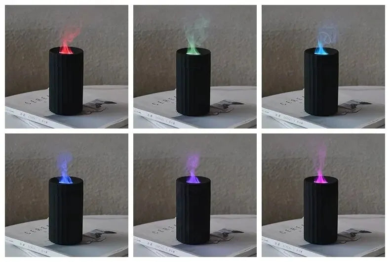Essential oil diffuser humidifier with flame effect LED lighting in black or white colour option