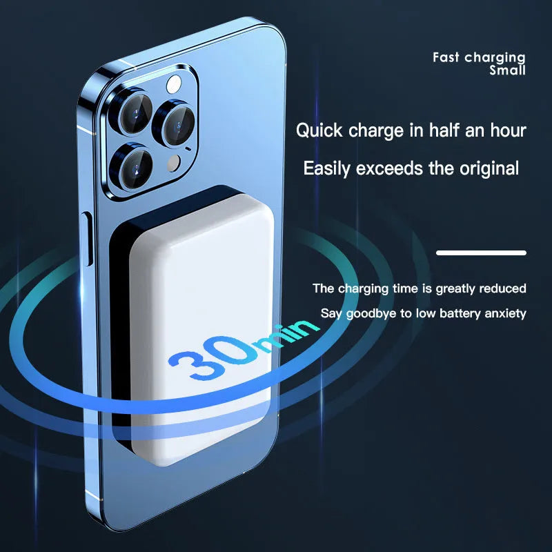 Pink magnetic wireless power bank on a table showing its compact size and charging surface.