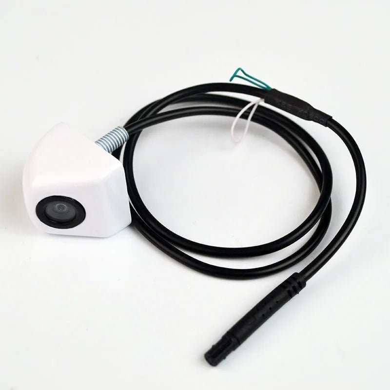 HD waterproof rearview camera with metal shell in black colour showing integrated wiring