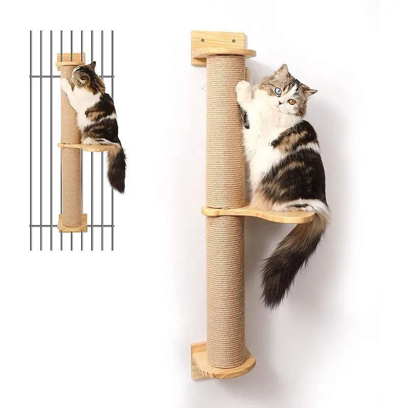 Wooden wall-mounted cat climbing frame with flax scratching post and jump platform in wood colour