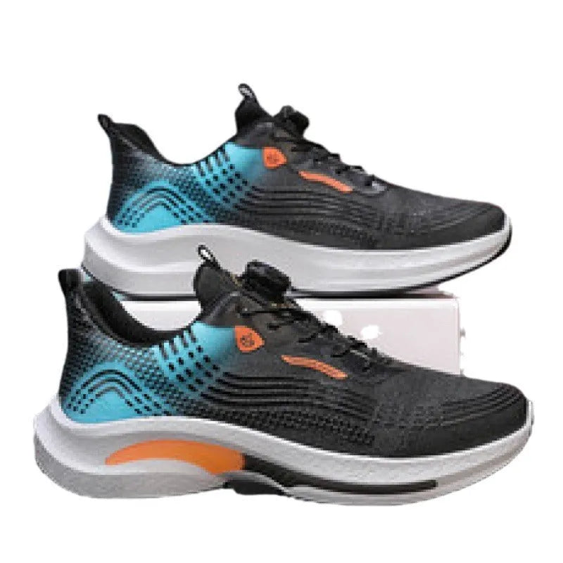 Men's white and blue low-top sneakers with mesh upper and a rotating buckle closure