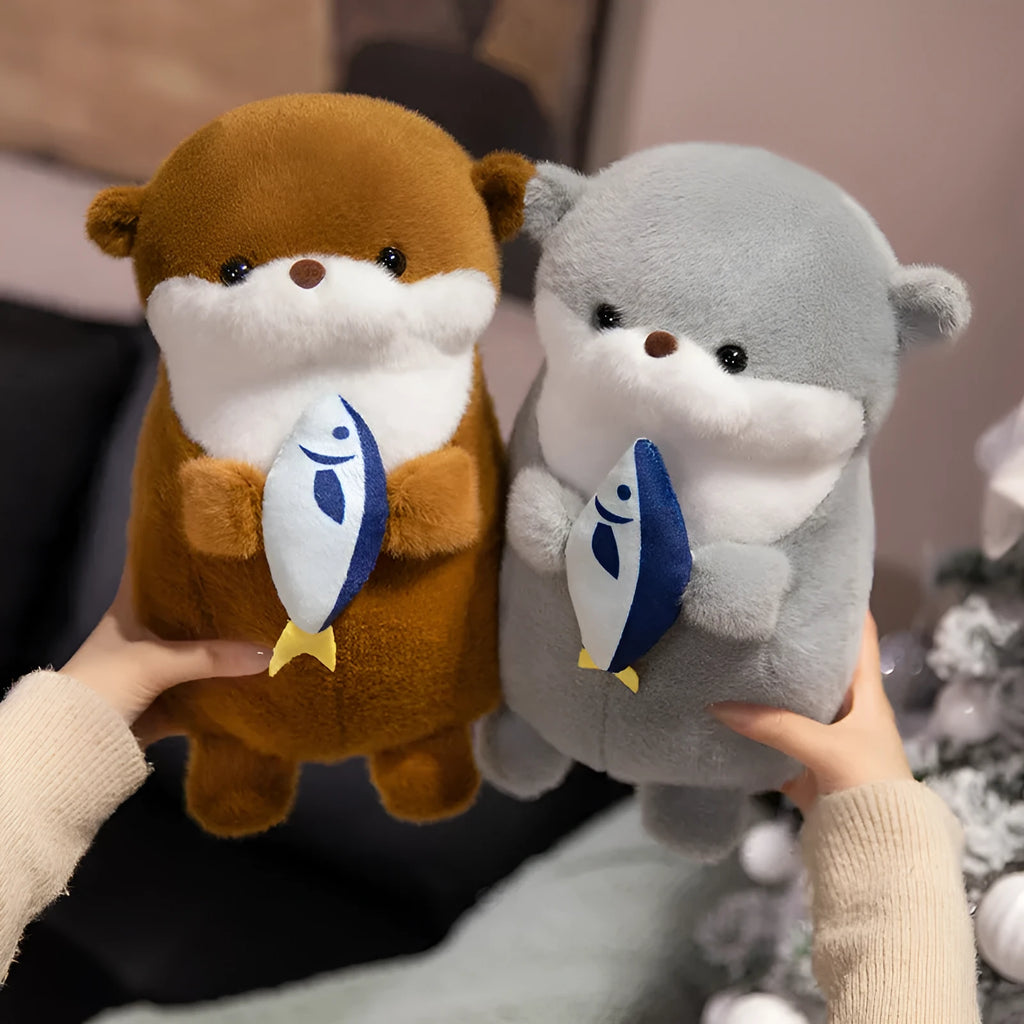 Brown small otter plush doll holding a fish, 30cm height, short plush fabric
