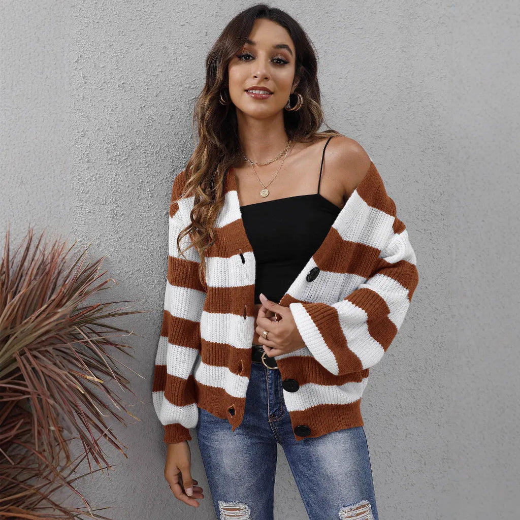 Women's striped cardigan in deer plush fabric shown in dark green, featuring button-front stitching.