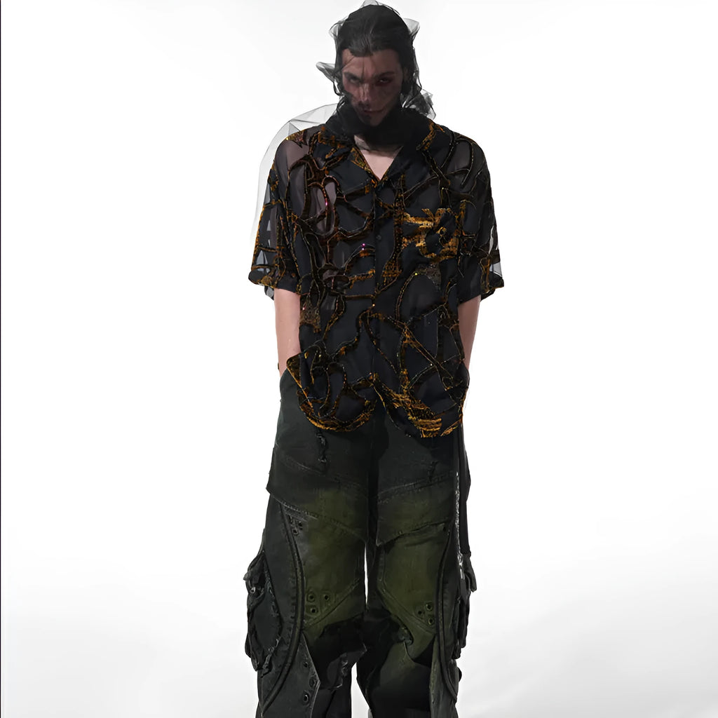 Men's black-grey translucent snake pattern short-sleeved shirt with lapel collar