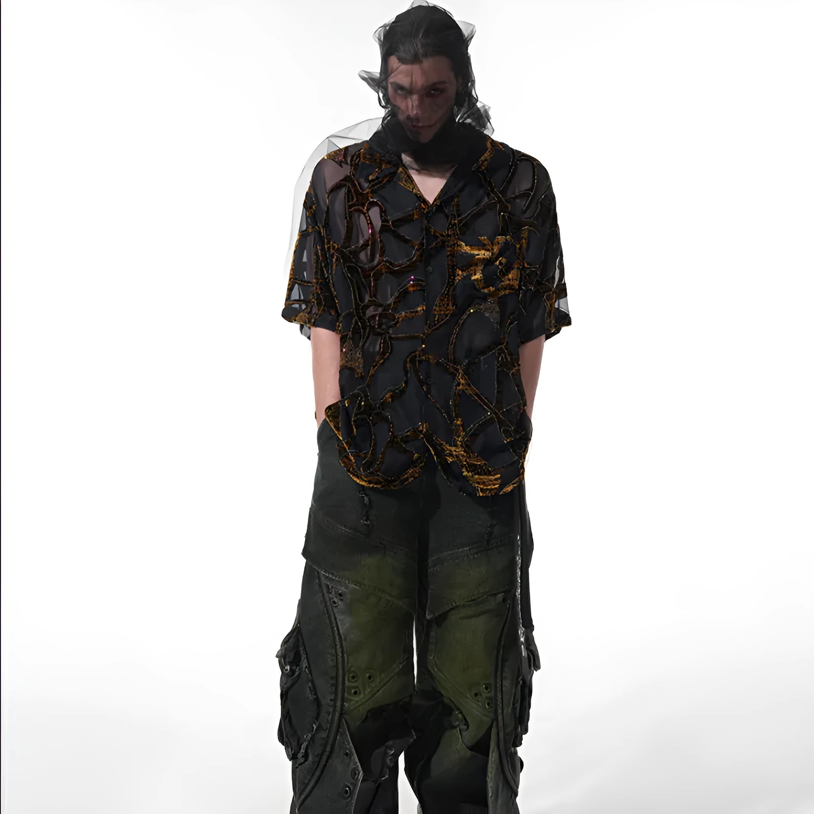 Men's black-grey translucent snake pattern short-sleeved shirt with lapel collar
