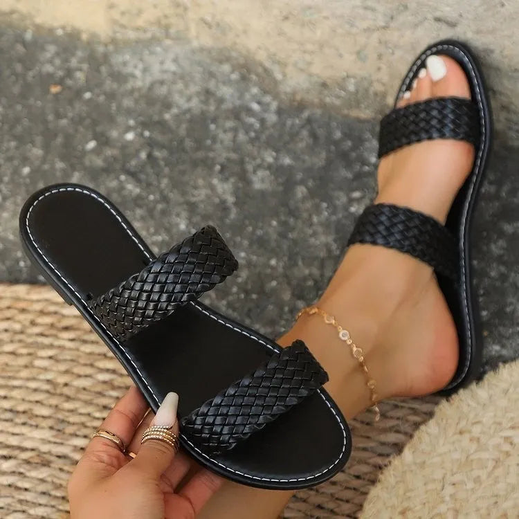 Plus size women's woven beach slipper in gold with PVC sole, shown in size 39