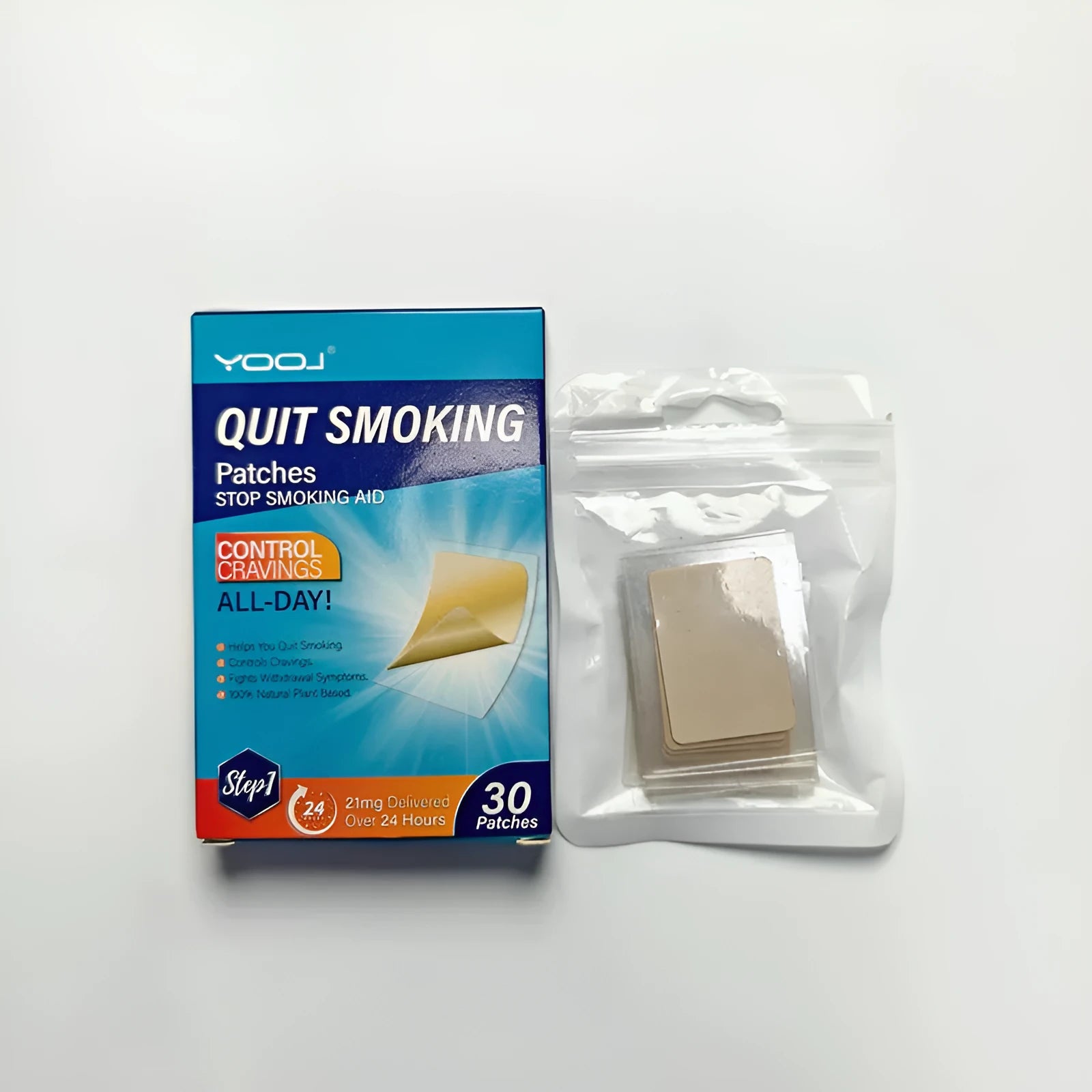 Box containing 30 plant extract nicotine cessation patches for men and women