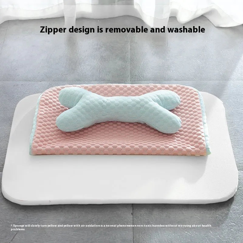 Pink dog cooling mat with ice bean fabric and mesh construction on a light background
