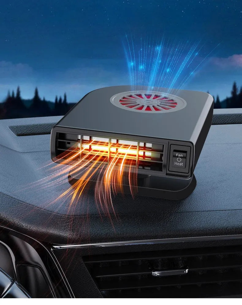 Black compact vehicle-mounted heater for car defrosting and air purification on a dashboard.
