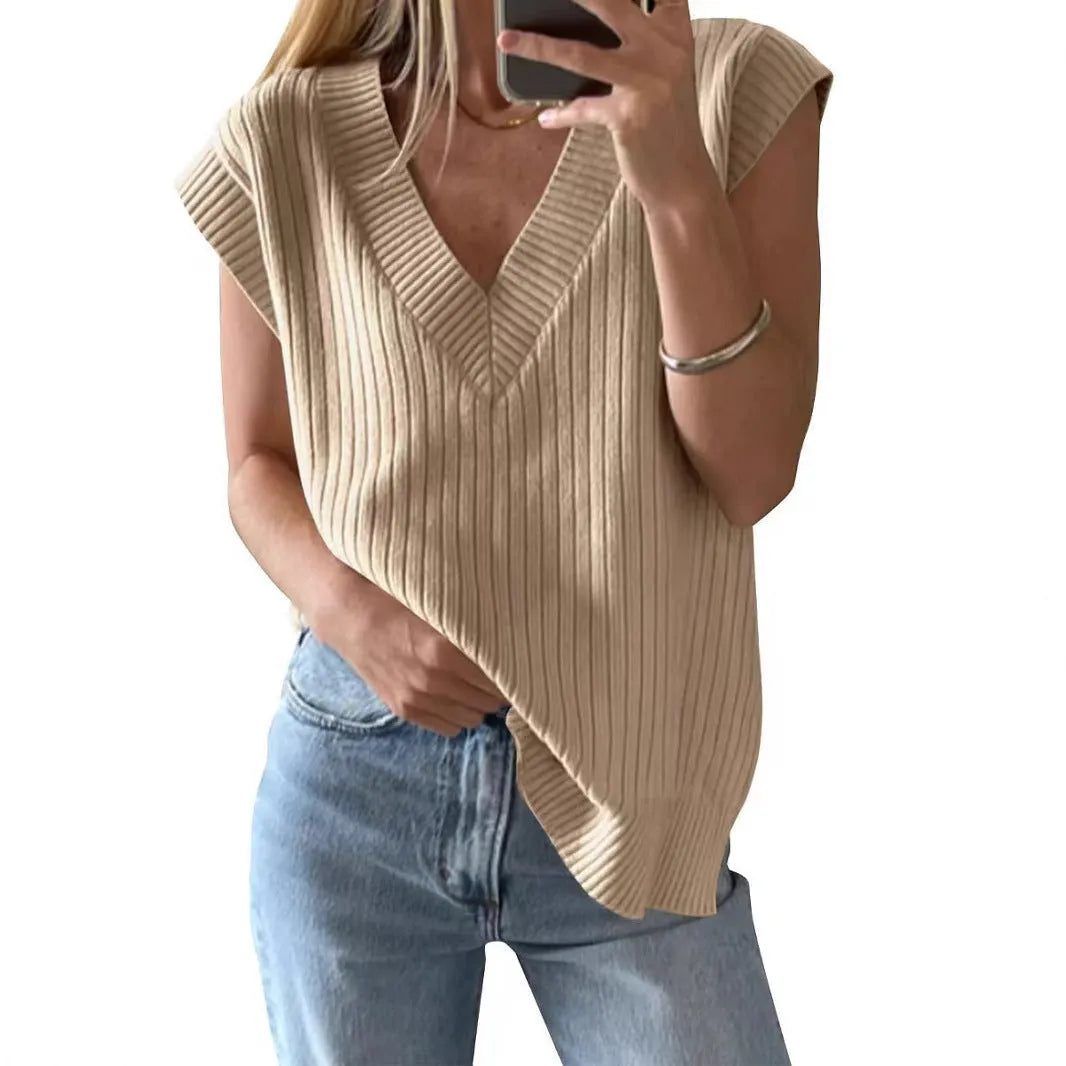 V-neck sleeveless pullover vest in viscose fabric available in camel and white colours
