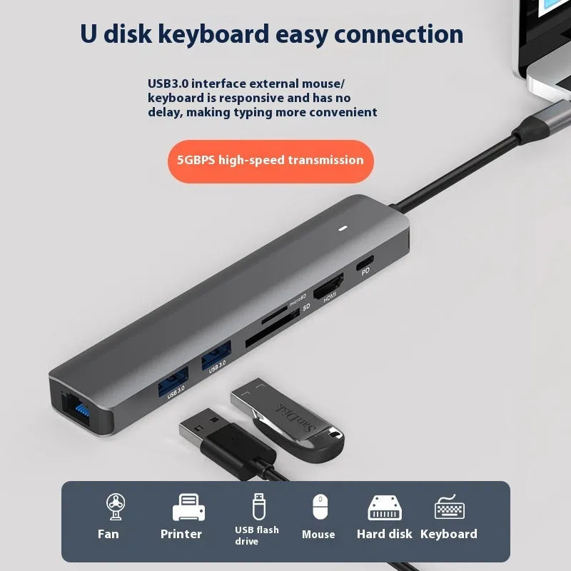 LQT-LH07 7-in-1 USB-C card reader and computer hub with multiple ports.