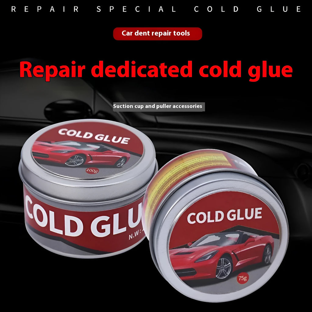 Tube of cold glue for automotive dent repair, shown in 75g and 100g sizes.