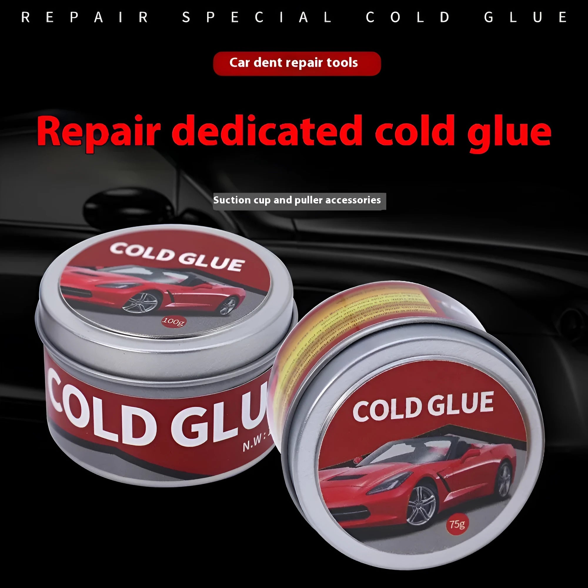 Tube of cold glue for automotive dent repair, shown in 75g and 100g sizes.