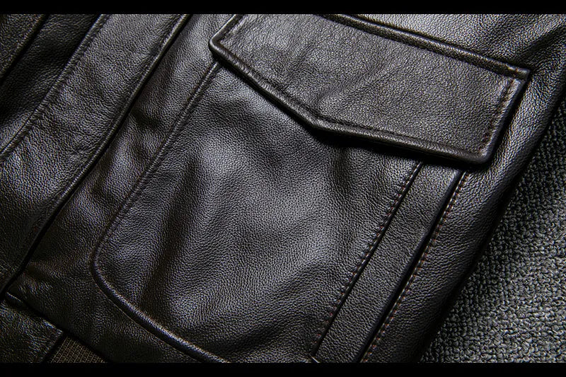 Pure first layer cowhide leather flight suit in black with slim fit, zipper front, and ribbed hem