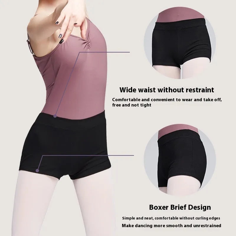 Black cotton women's ballet practice shorts laid flat.