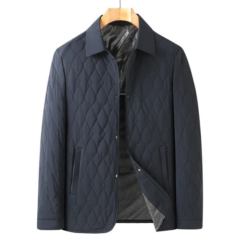Men's lightweight diamond lattice cotton-padded jacket in black, front view, regular fit, polyester fabric, autumn winter business casual coat