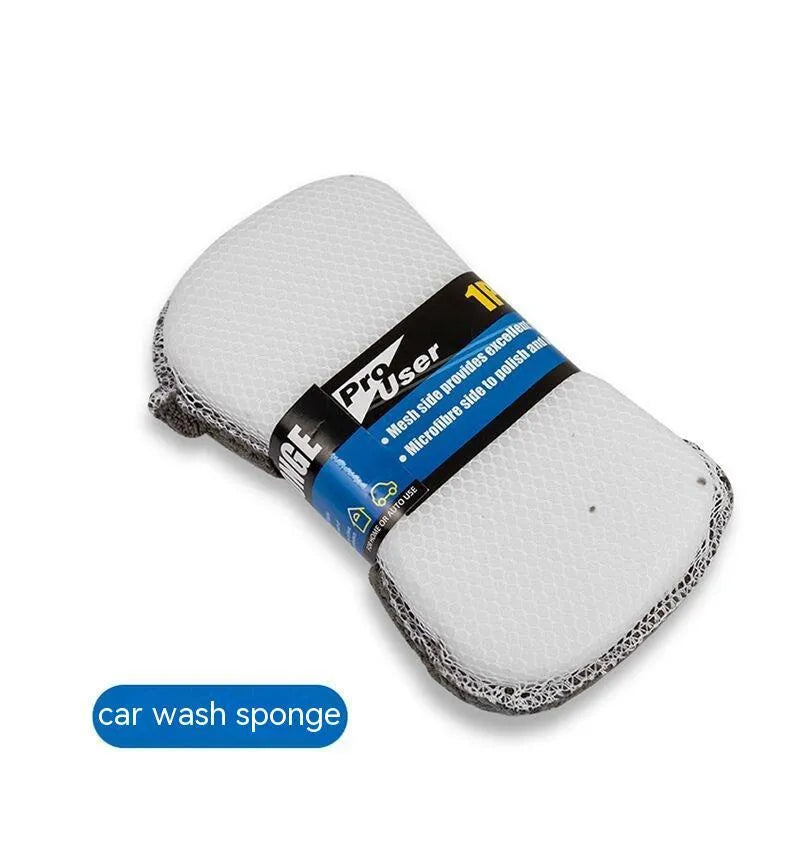 All-grey nine-piece car wash set showing microfiber towels, sponge, gloves, tyre brush, and waxing wipes.