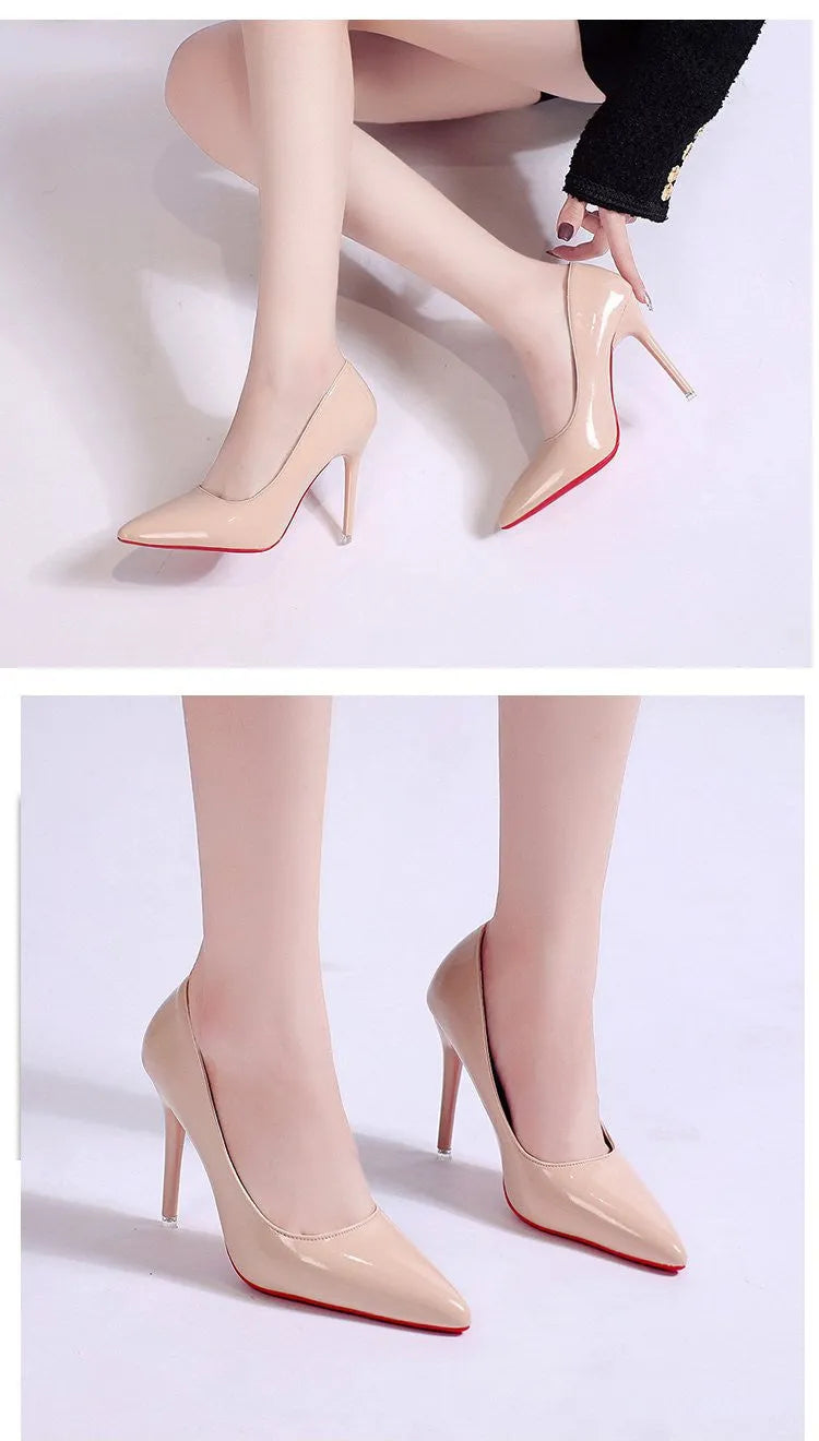 Solid colour women's pointed toe pumps with a stiletto heel on a rubber sole.