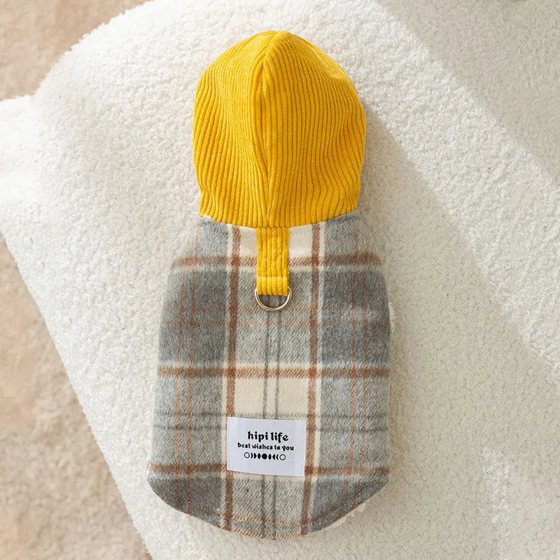 Chessboard grid pattern hooded corduroy dog traction vest in blue or yellow
