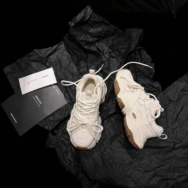 Women's milky white platform running sneakers with round toe and lace-up front
