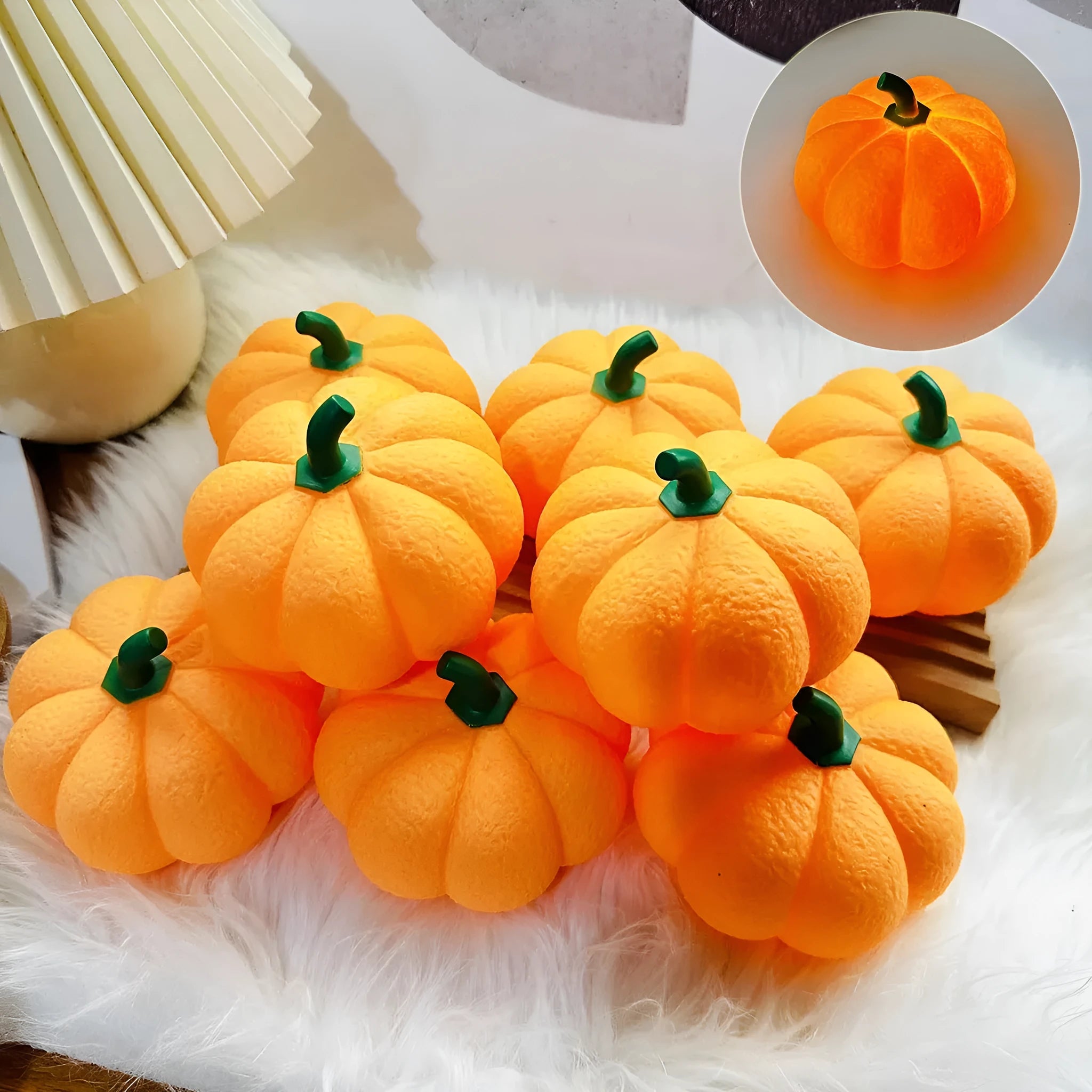 Pumpkin-shaped rechargeable decorative night light on a bedside table, 10.3 x 8 cm