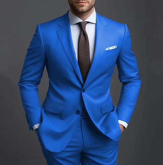 Business casual men's slim fit two-piece suit set in blue with jacket and trousers on mannequin