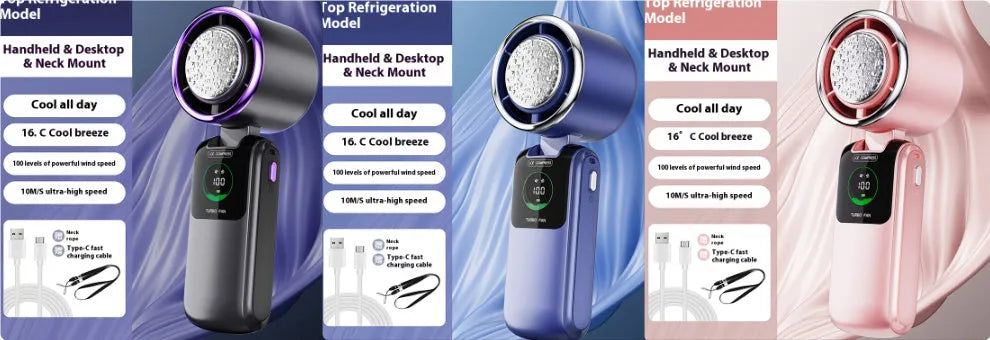 Handheld electric fan with neck strap shown in blue colour, featuring a folding design and USB port.