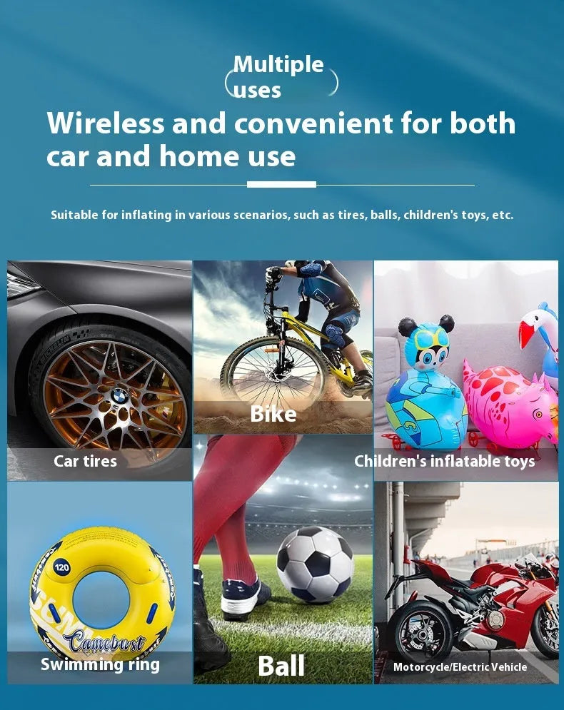 Portable wireless tyre pump with power bank and torch on a black background.