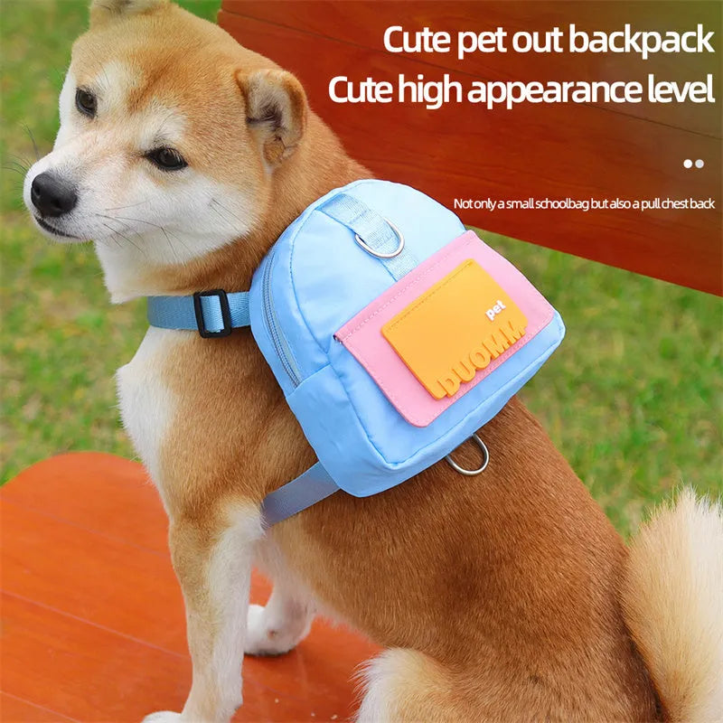 Blue polyester fibre dog backpack harness with snack storage compartments and adjustable straps