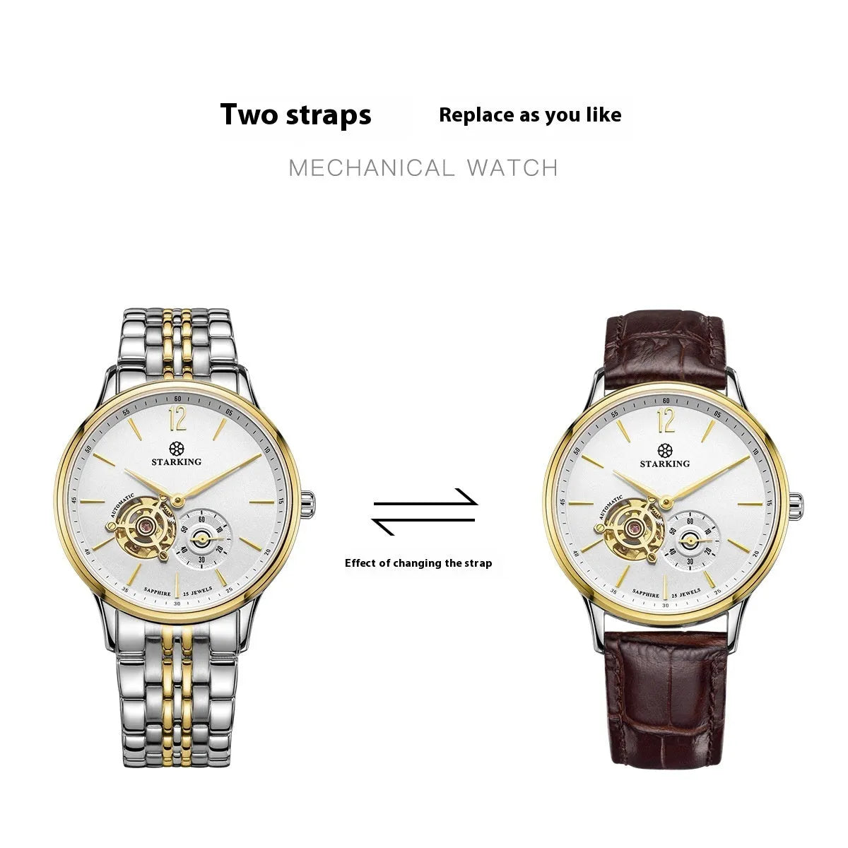 Men's automatic mechanical watch with brown leather strap, white dial, and stainless steel case.