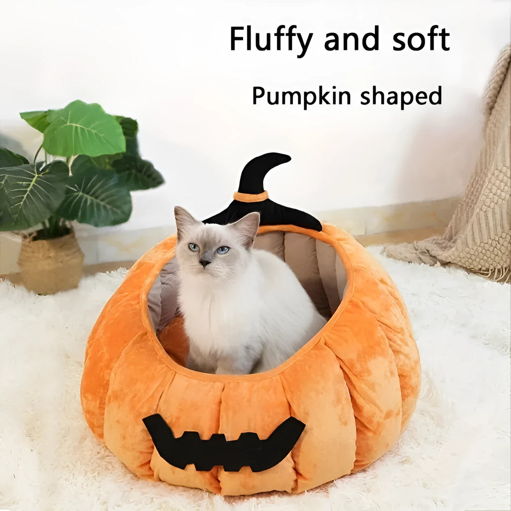 Halloween themed pumpkin cartoon devil design soft plush cat bed for cats and small dogs in black colour.