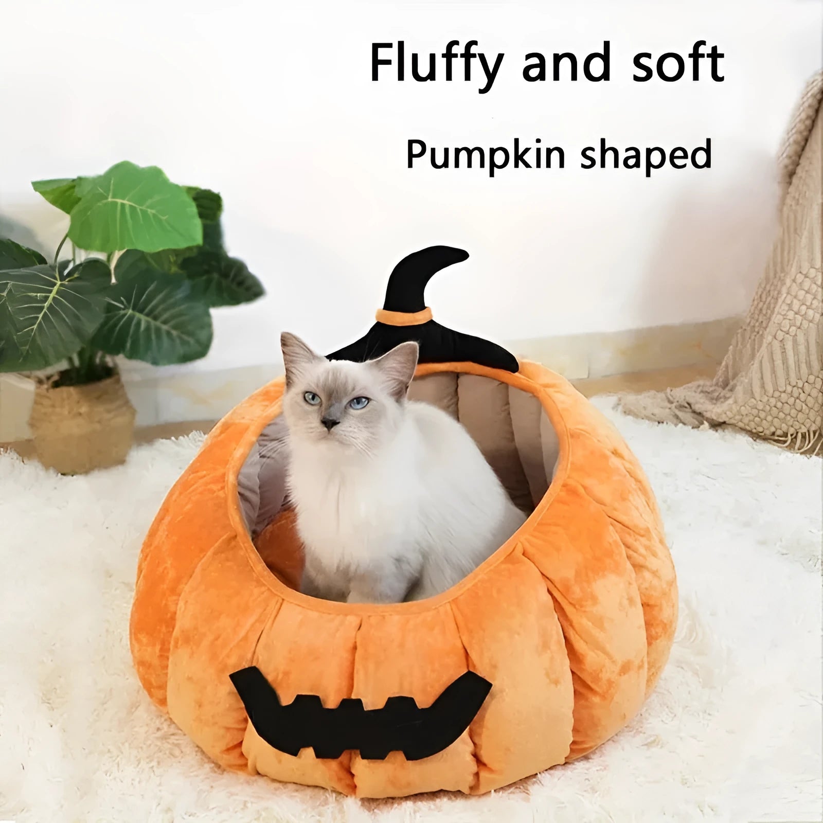 Halloween themed pumpkin cartoon devil design soft plush cat bed for cats and small dogs in black colour.