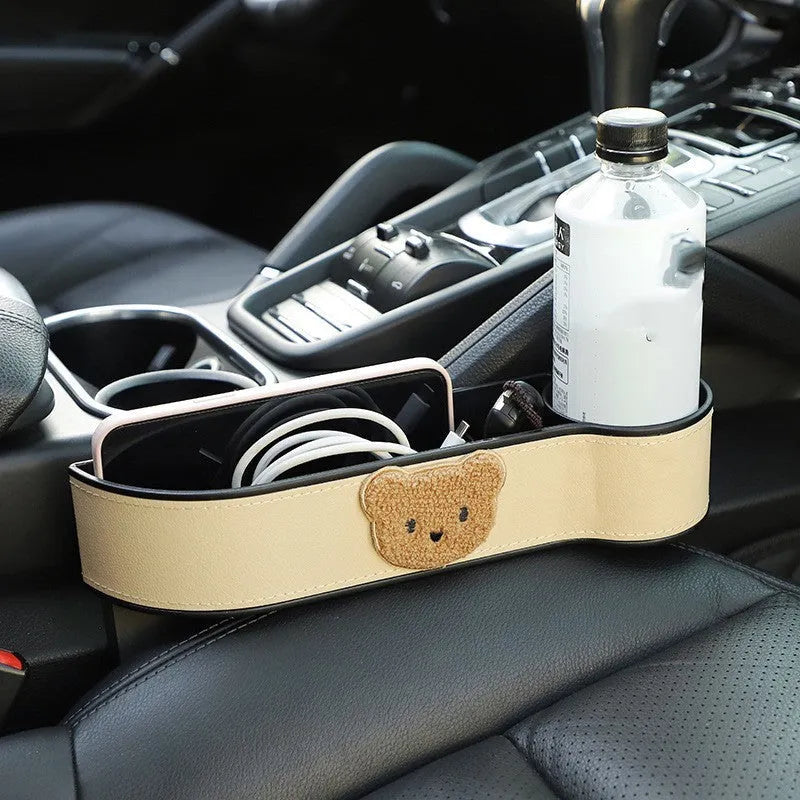 Leather car seat gap storage box with hanging design in a cartoon bear theme
